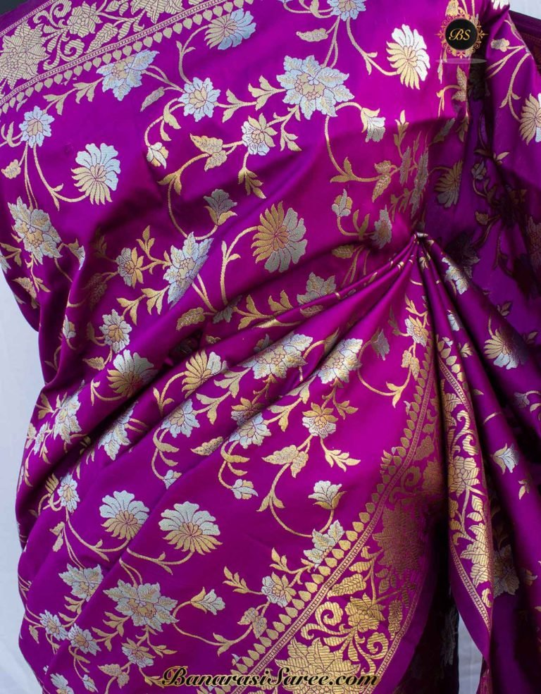 Banarasi Handloom Soft Silk Purple Sona Roopa Jaal Saree - Image 2