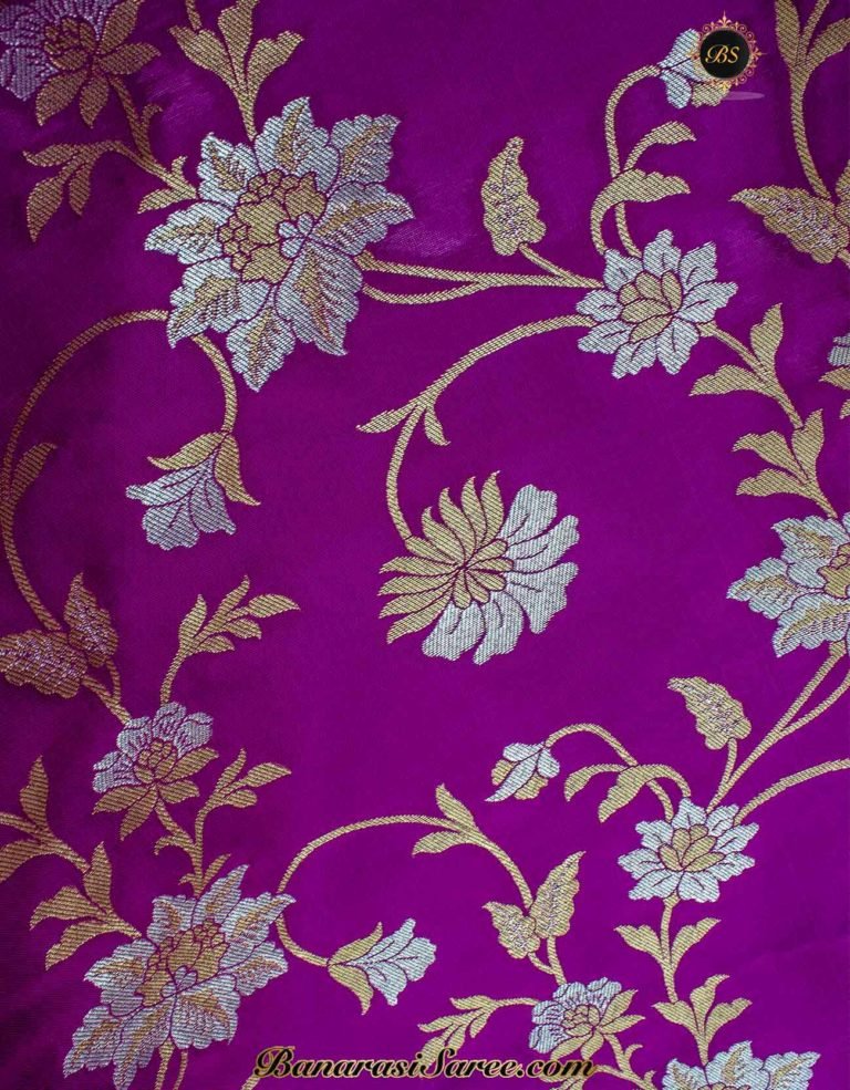 Banarasi Handloom Soft Silk Purple Sona Roopa Jaal Saree - Image 3
