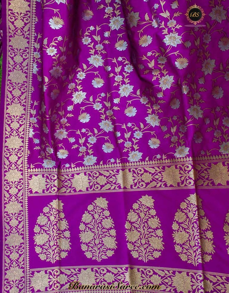 Banarasi Handloom Soft Silk Purple Sona Roopa Jaal Saree - Image 4