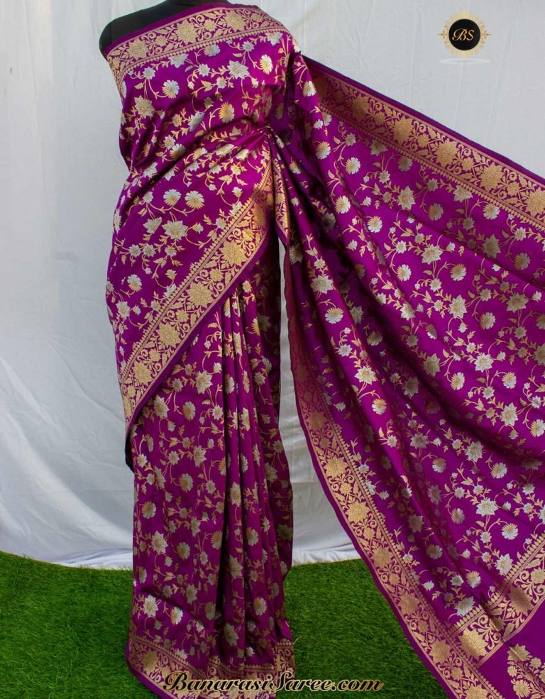 Banarasi Handloom Soft Silk Purple Sona Roopa Jaal Saree