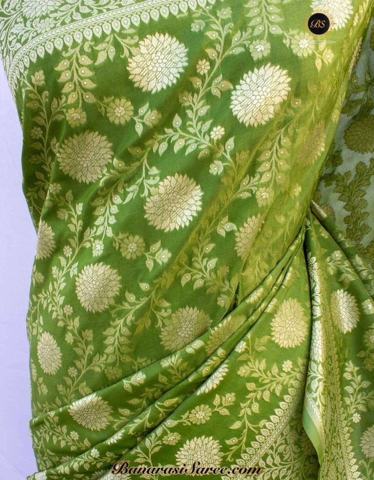 Banarasi Handloom Soft Silk Olive Green Floral Jaal Saree - Image 2