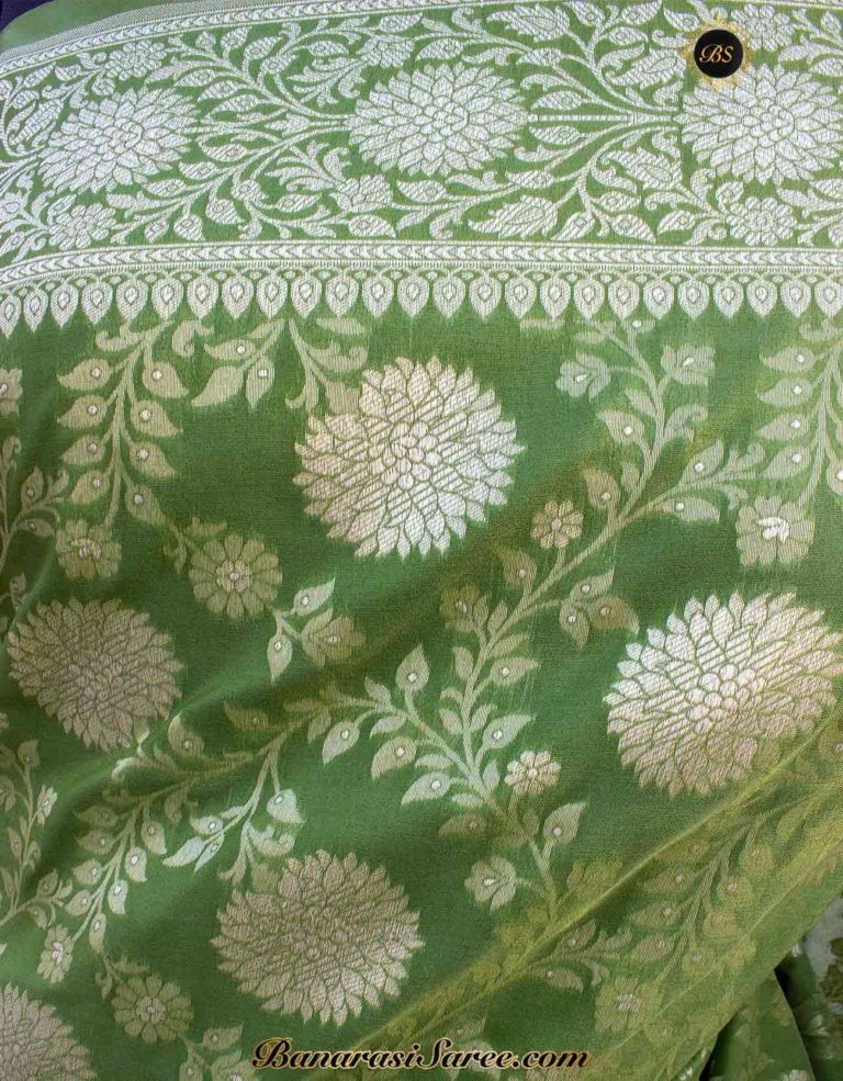 Banarasi Handloom Soft Silk Olive Green Floral Jaal Saree - Image 3