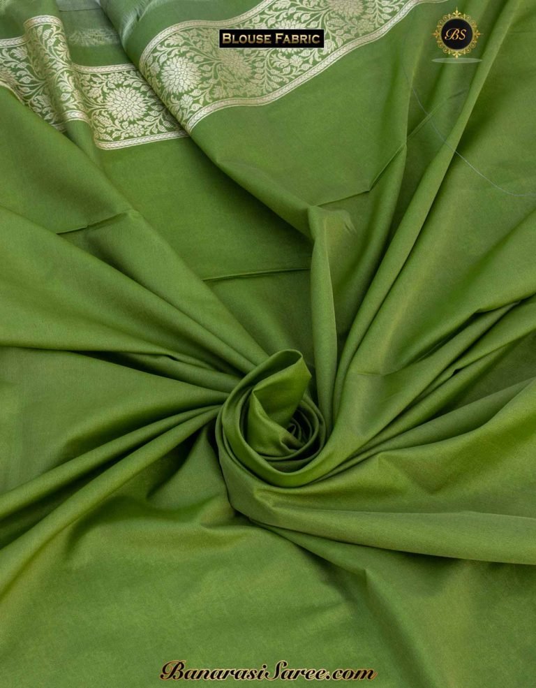 Banarasi Handloom Soft Silk Olive Green Floral Jaal Saree - Image 4
