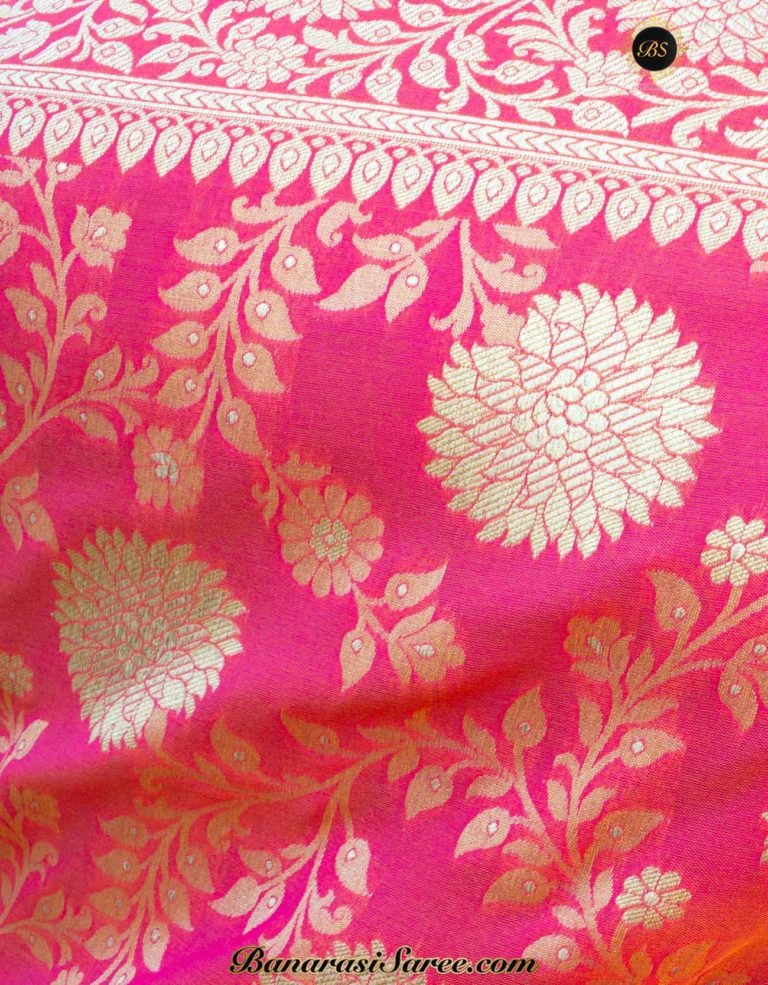 Banarasi Handloom Soft Silk Shot Pink Floral Jaal Saree - Image 3