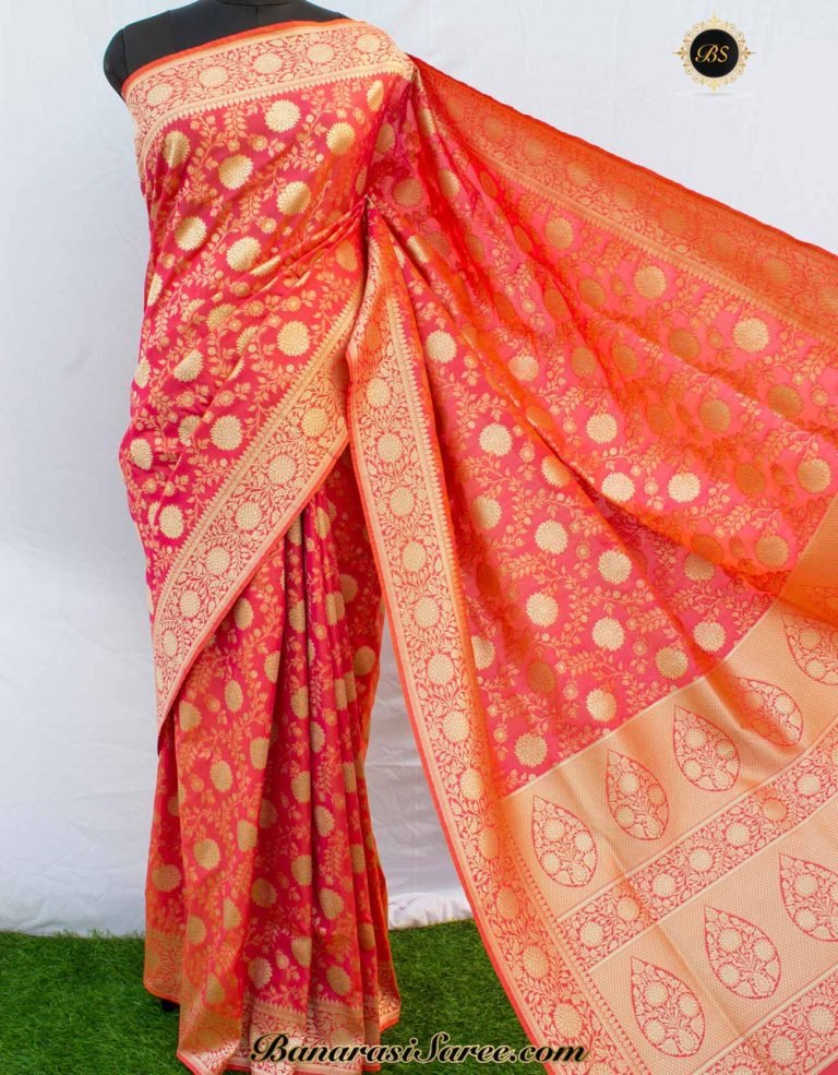 Banarasi Handloom Soft Silk Shot Pink Floral Jaal Saree
