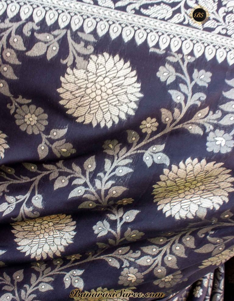 Banarasi Handloom Soft Silk Black Floral Jaal Saree - Image 3