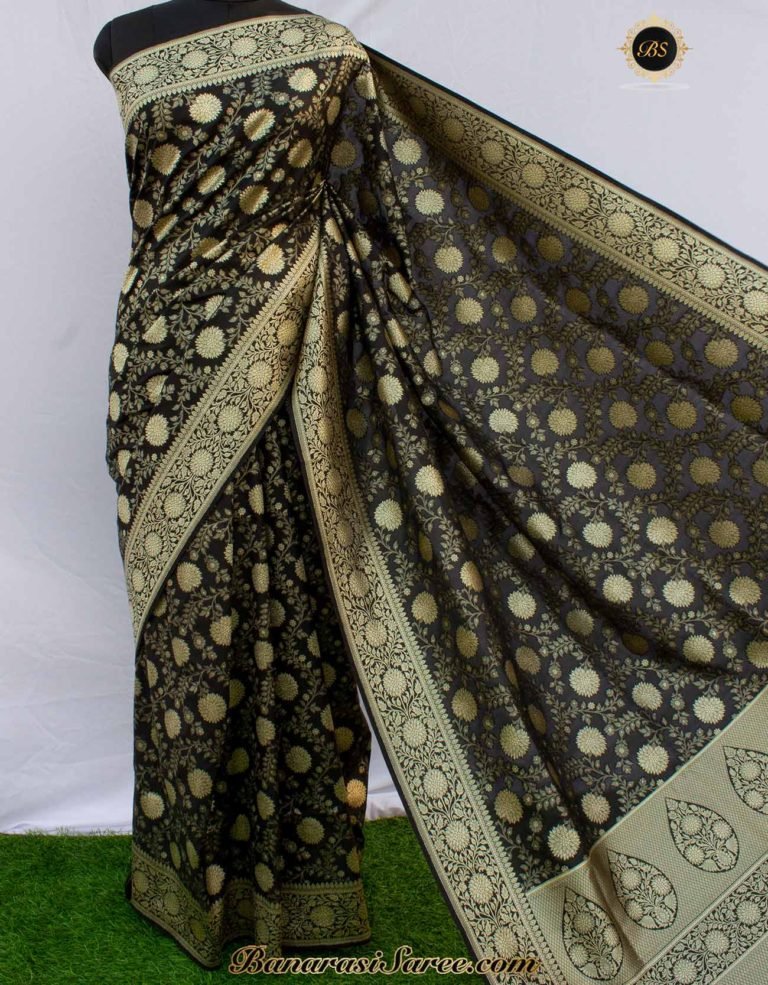 Banarasi Handloom Soft Silk Black Floral Jaal Saree