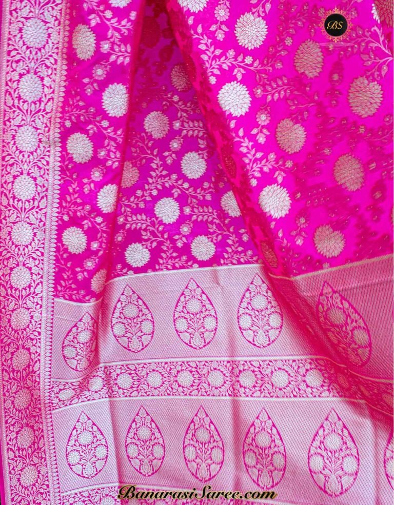 Banarasi Handloom Soft Silk Pink Floral Jaal Saree - Image 4