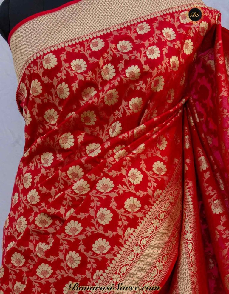 Banarasi Handloom Soft Silk Red Floral Booty Jaal Saree - Image 2