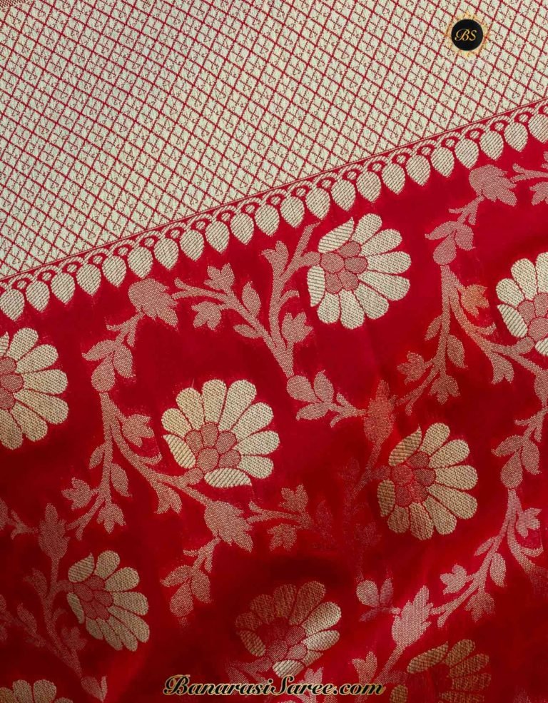 Banarasi Handloom Soft Silk Red Floral Booty Jaal Saree - Image 4