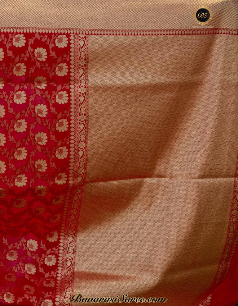 Banarasi Handloom Soft Silk Red Floral Booty Jaal Saree - Image 3