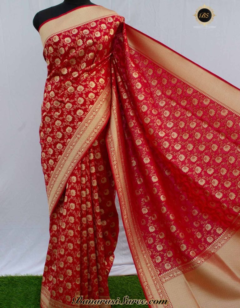 Banarasi Handloom Soft Silk Red Floral Booty Jaal Saree