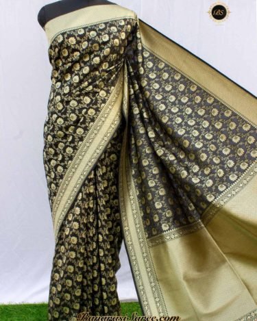 Banarasi Handloom Soft Silk Black Floral Booty Jaal Saree