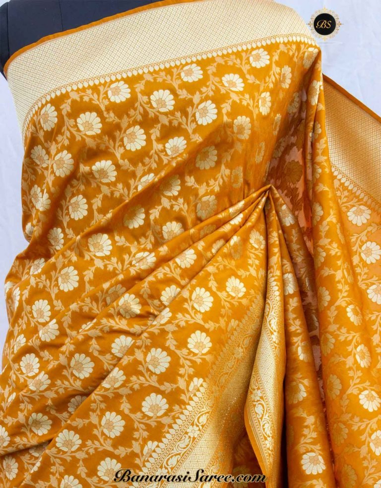Banarasi Handloom Soft Silk Mustard Floral Booty Jaal Saree - Image 2