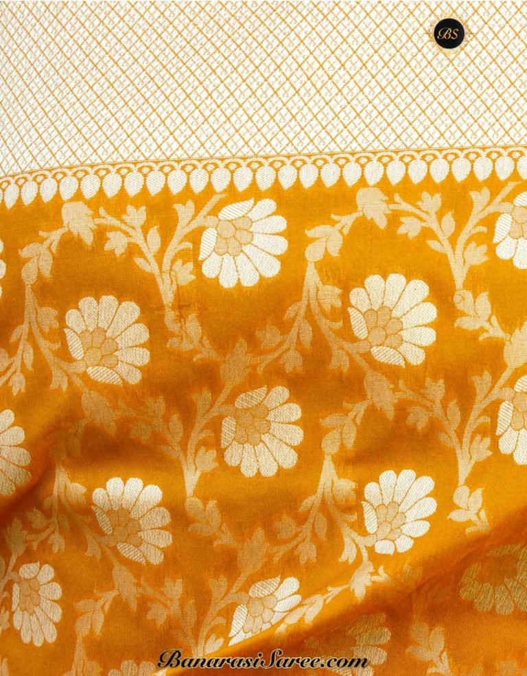 Banarasi Handloom Soft Silk Mustard Floral Booty Jaal Saree - Image 4