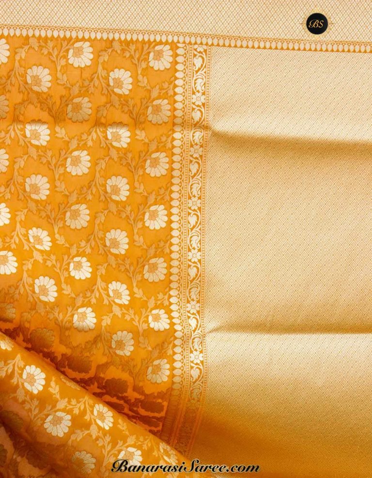 Banarasi Handloom Soft Silk Mustard Floral Booty Jaal Saree - Image 3