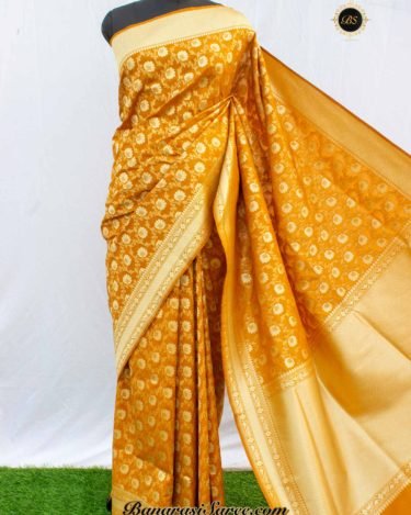 Banarasi Handloom Soft Silk Mustard Floral Booty Jaal Saree