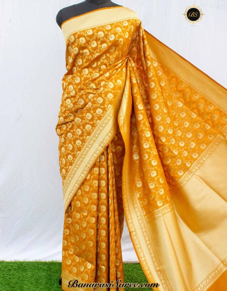 Banarasi Handloom Soft Silk Mustard Floral Booty Jaal Saree