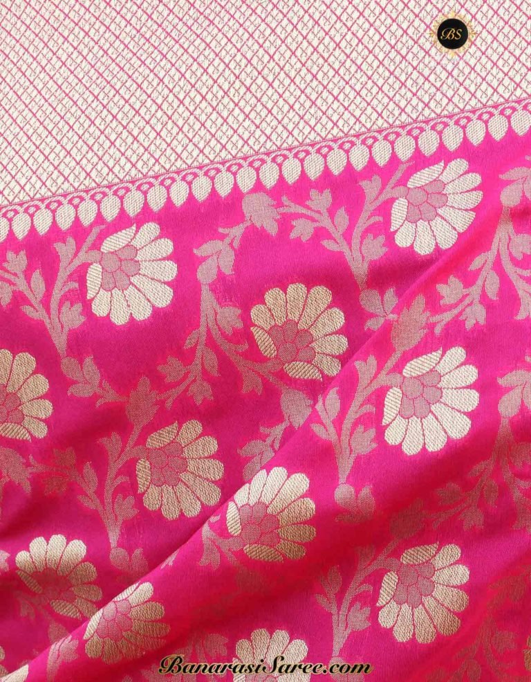Banarasi Handloom Soft Silk Pink Floral Booty Jaal Saree - Image 3