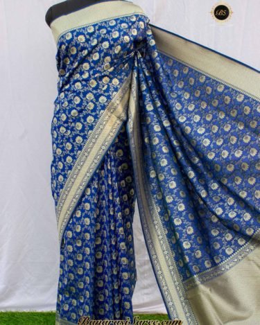 Banarasi Handloom Soft Silk Royal Blue Floral Booty Jaal Saree