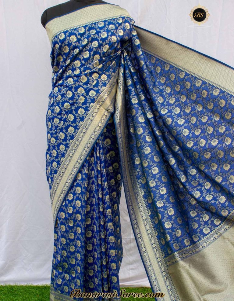 Banarasi Handloom Soft Silk Royal Blue Floral Booty Jaal Saree