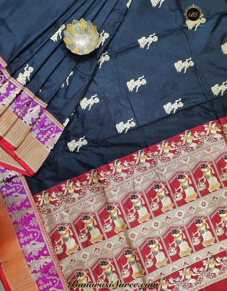 Pure Banarasi Handloom Katan Silk Figure Contrast Border Saree - Image 2