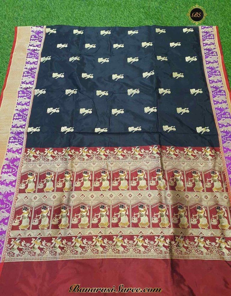 Pure Banarasi Handloom Katan Silk Figure Contrast Border Saree - Image 5