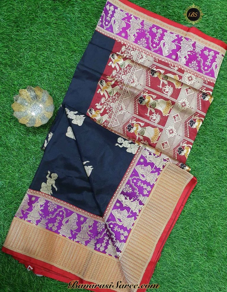 Pure Banarasi Handloom Katan Silk Figure Contrast Border Saree