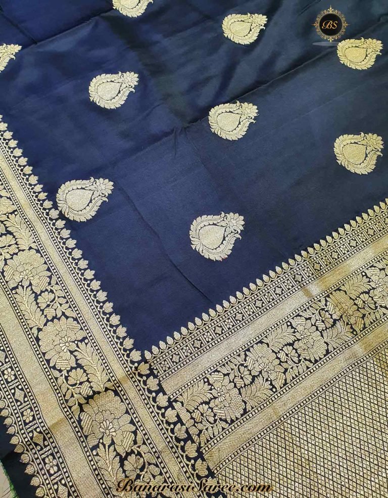 Pure Banarasi Handloom Satin Silk Dark Blue Color Saree - Image 2