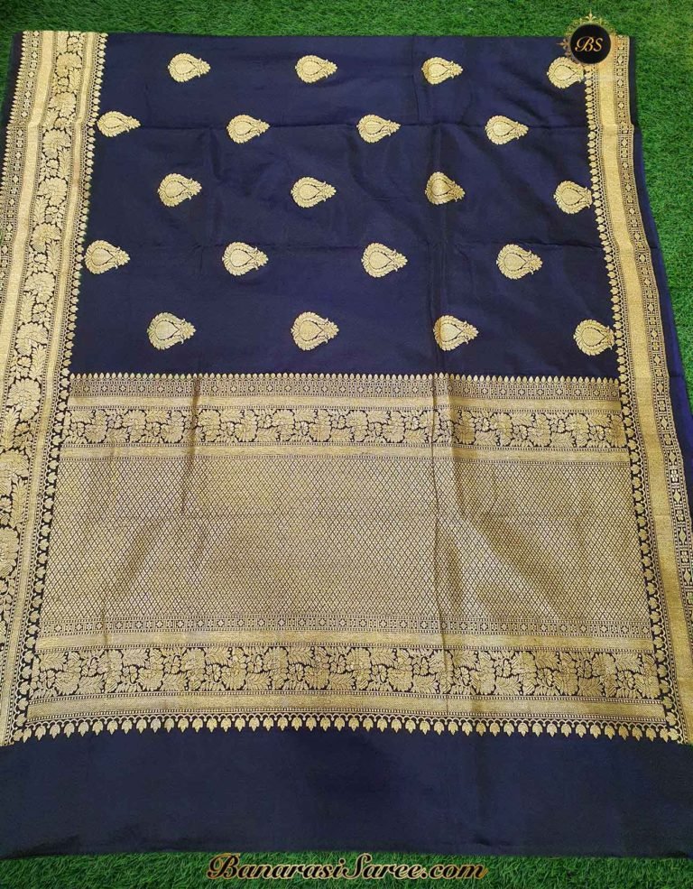 Pure Banarasi Handloom Satin Silk Dark Blue Color Saree - Image 3