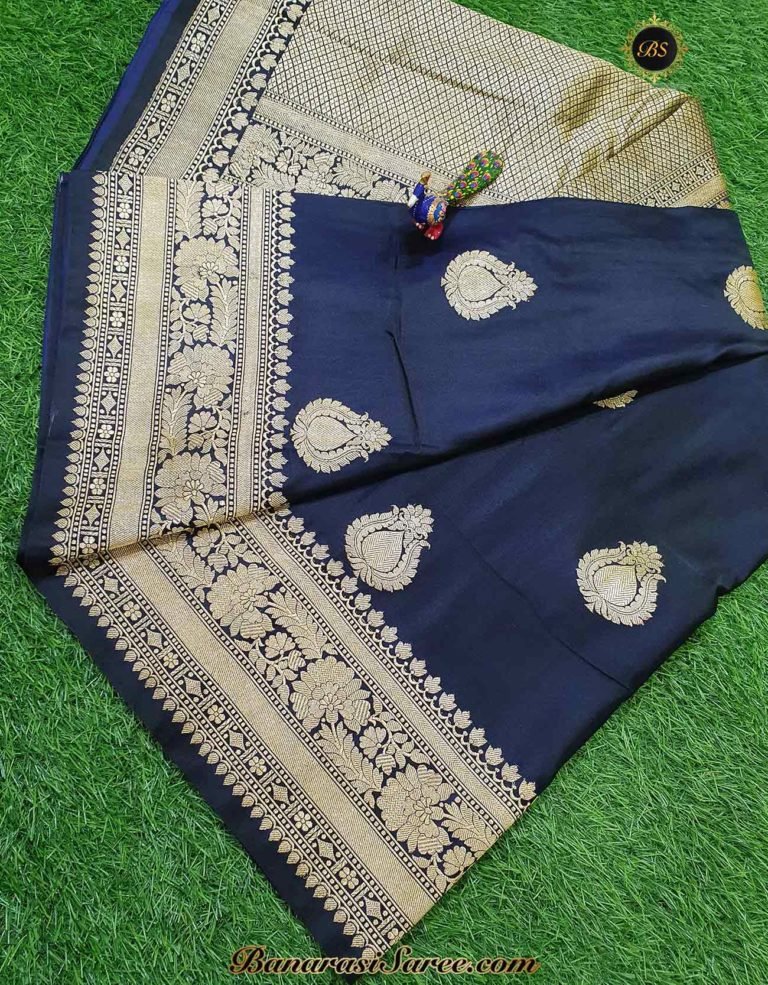 Pure Banarasi Handloom Satin Silk Dark Blue Color Saree