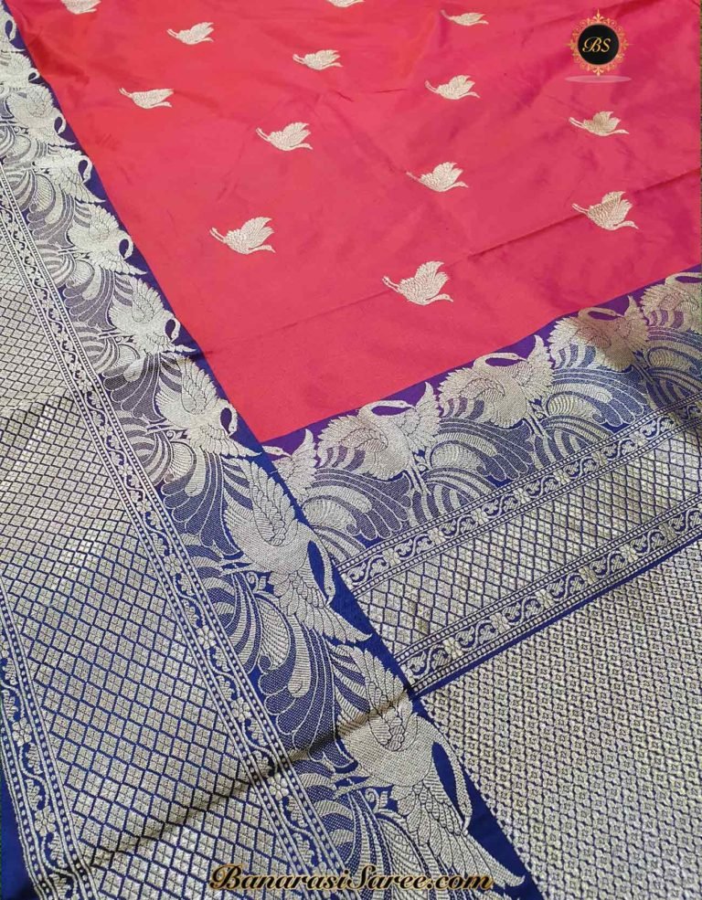 Pure Banarasi Handloom Katan Silk Bird Boota Border Saree - Image 2