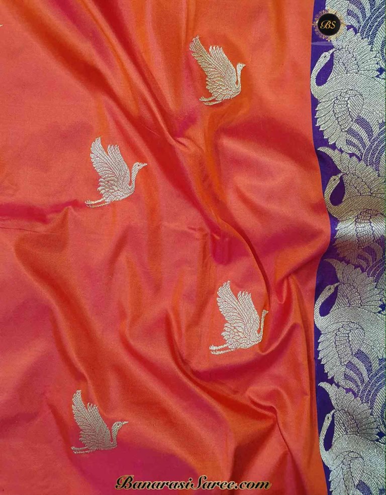 Pure Banarasi Handloom Katan Silk Light Orange Bird Boota Border Saree - Image 4