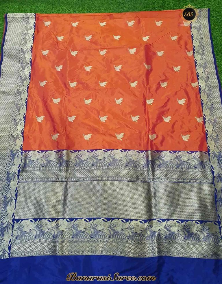 Pure Banarasi Handloom Katan Silk Light Orange Bird Boota Border Saree - Image 3