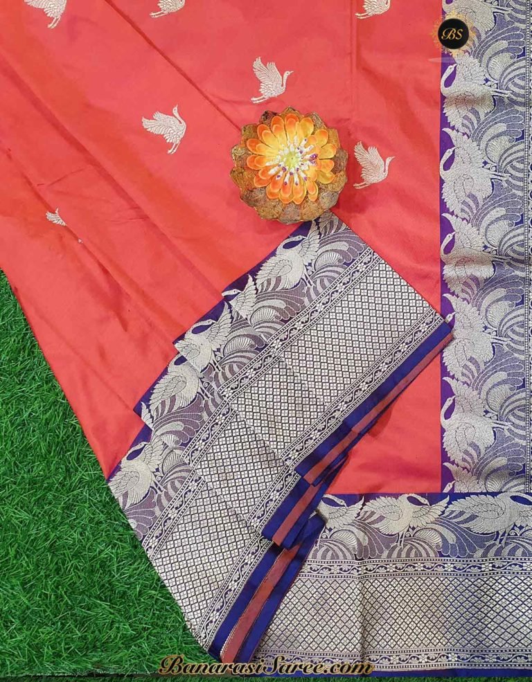Pure Banarasi Handloom Katan Silk Light Orange Bird Boota Border Saree