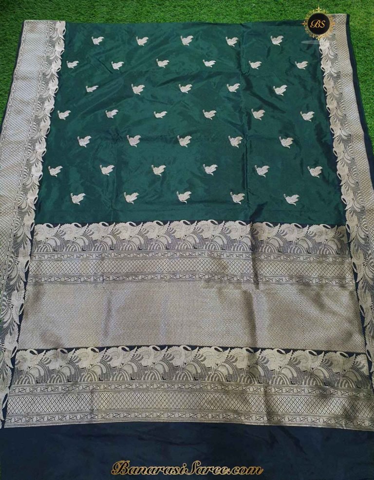 Pure Banarasi Handloom Katan Silk Bottle Green Bird Boota Border Saree - Image 3
