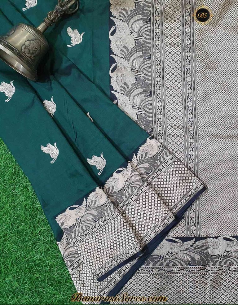 Pure Banarasi Handloom Katan Silk Bottle Green Bird Boota Border Saree