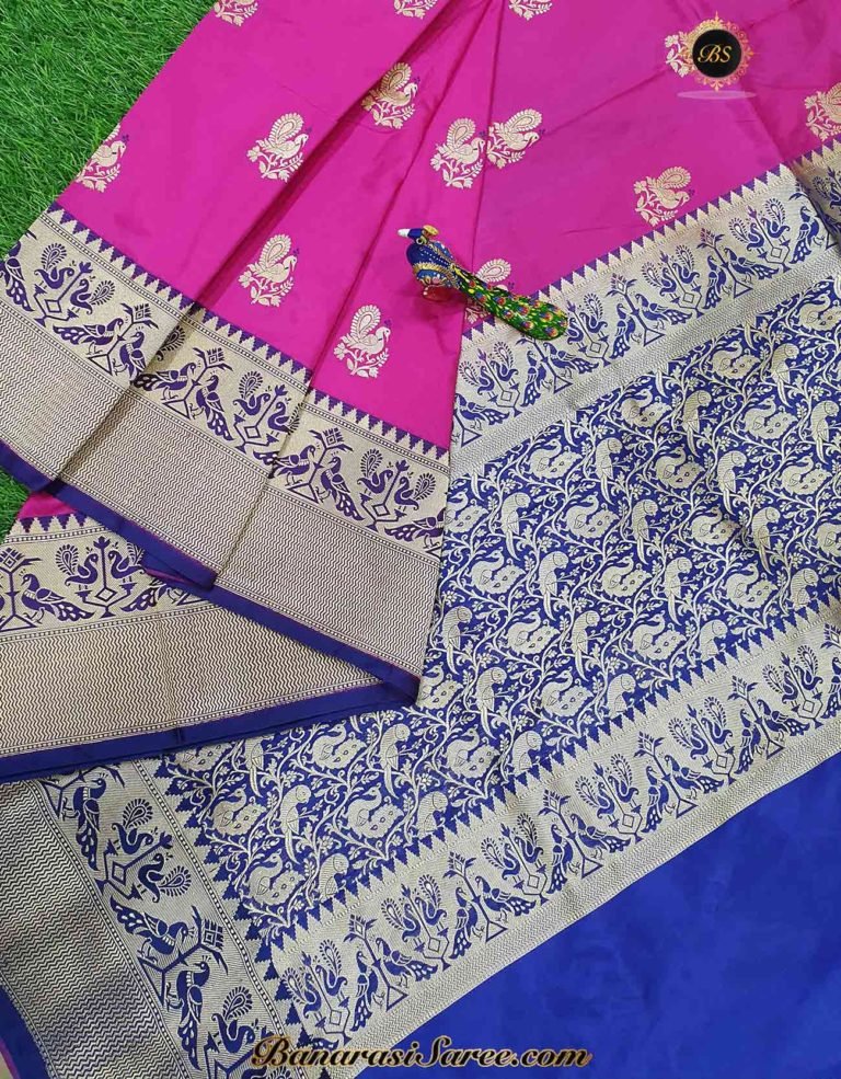 Pure Banarasi Handloom Katan Silk Pink Peacock Figure Saree