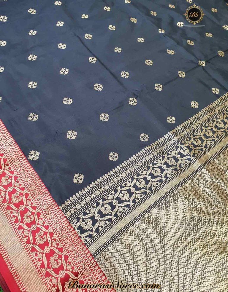 Pure Banarasi Handloom Katan Silk Black Color Zari Booty Saree - Image 2