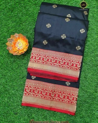 Pure Banarasi Handloom Katan Silk Black Color Zari Booty Saree