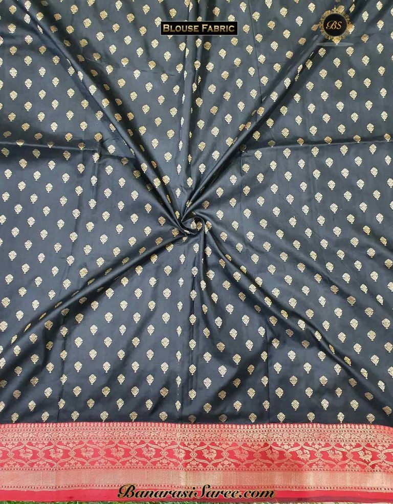 Pure Banarasi Handloom Katan Silk Black Color Zari Booty Saree - Image 5