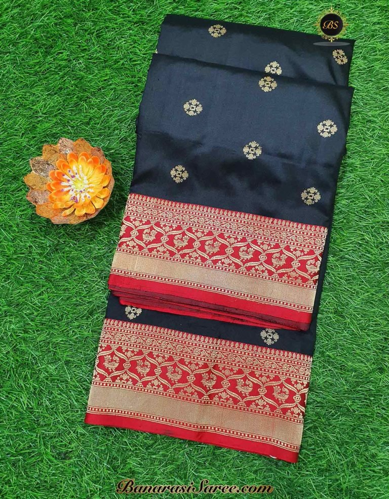 Pure Banarasi Handloom Katan Silk Black Color Zari Booty Saree