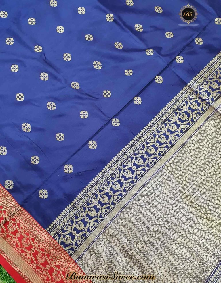 Pure Banarasi Handloom Katan Silk Blue Color Booty Saree - Image 2