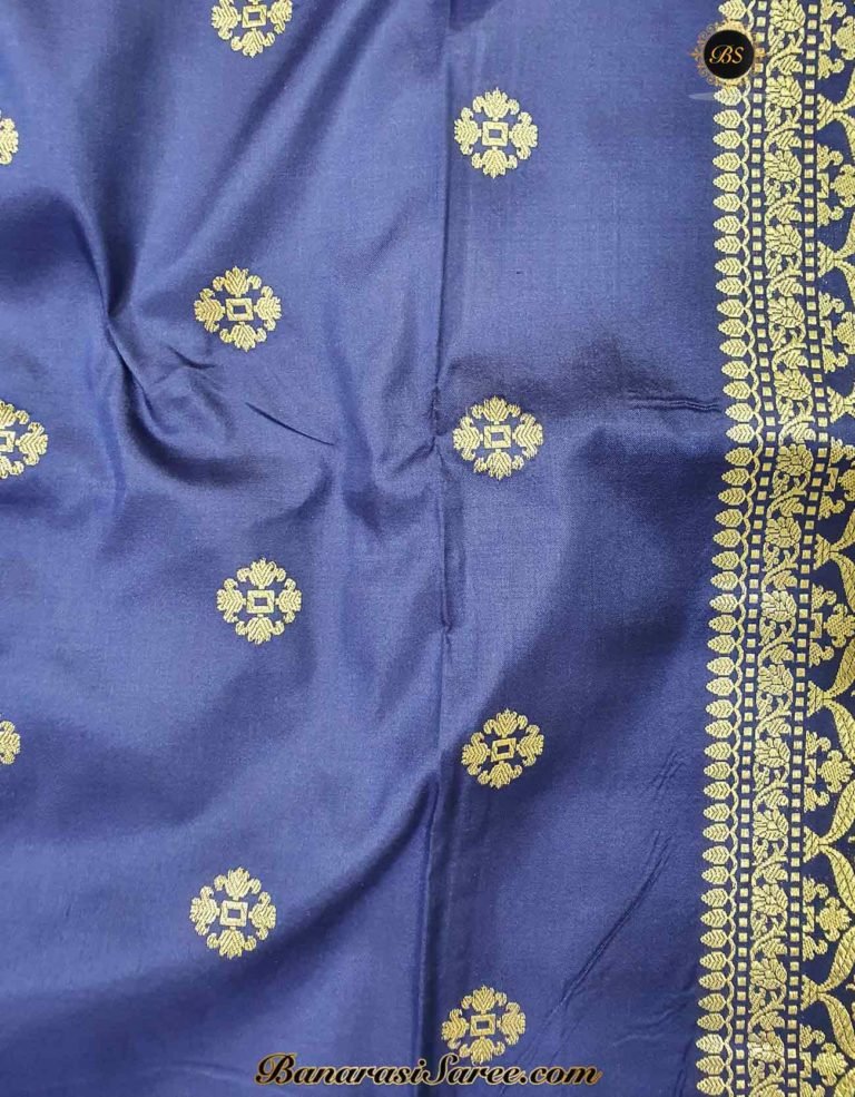 Pure Banarasi Handloom Katan Silk Blue Color Booty Saree - Image 5