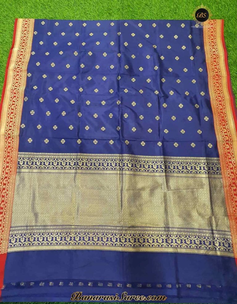 Pure Banarasi Handloom Katan Silk Blue Color Booty Saree - Image 4