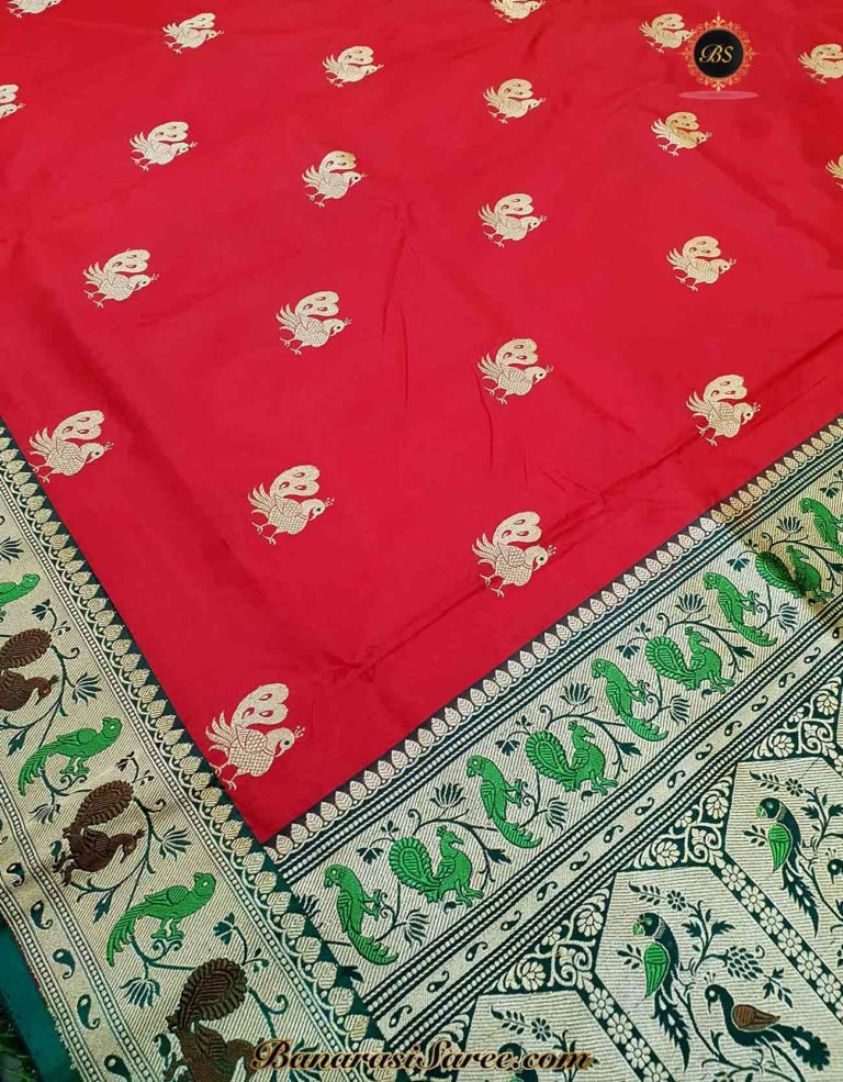 Pure Banarasi Handloom Katan Silk Red Color Paithani Border Figure Boota Saree - Image 2