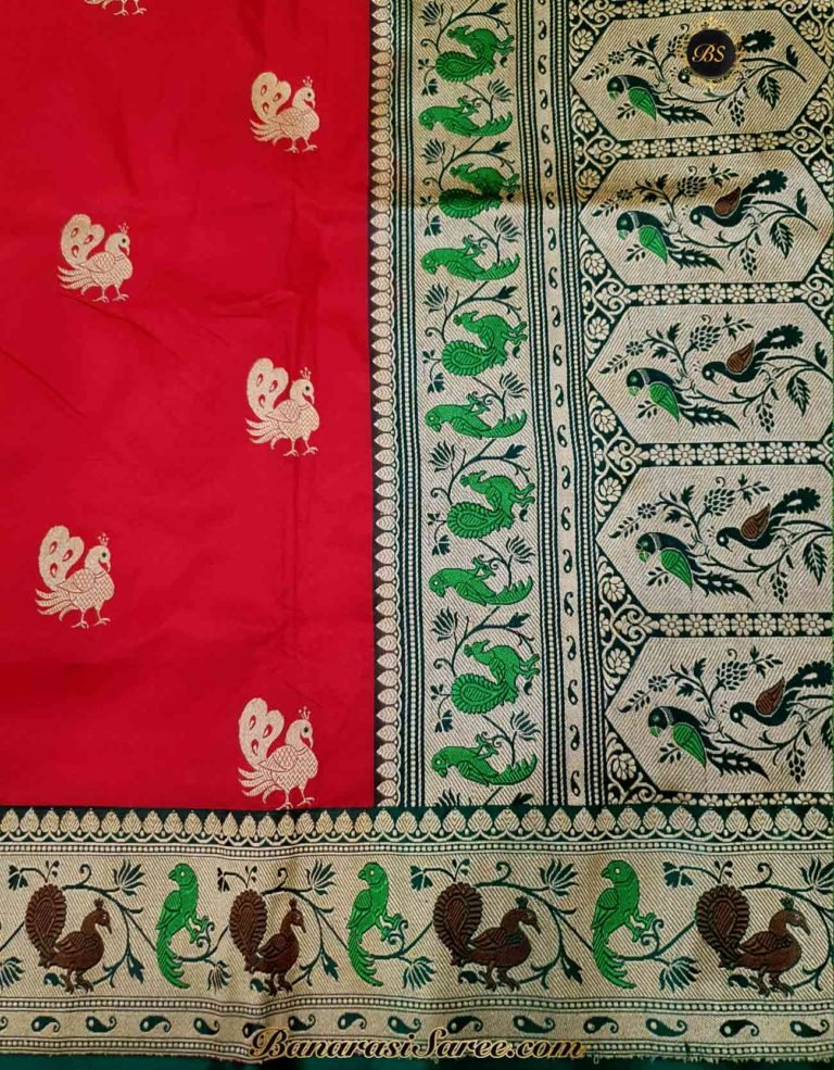 Pure Banarasi Handloom Katan Silk Red Color Paithani Border Figure Boota Saree - Image 4