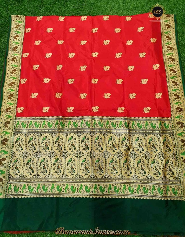 Pure Banarasi Handloom Katan Silk Red Color Paithani Border Figure Boota Saree - Image 3