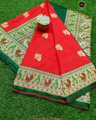 Pure Banarasi Handloom Katan Silk Red Color Paithani Border Figure Boota Saree
