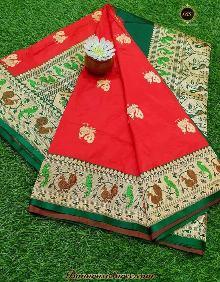 Pure Banarasi Handloom Katan Silk Red Color Paithani Border Figure Boota Saree